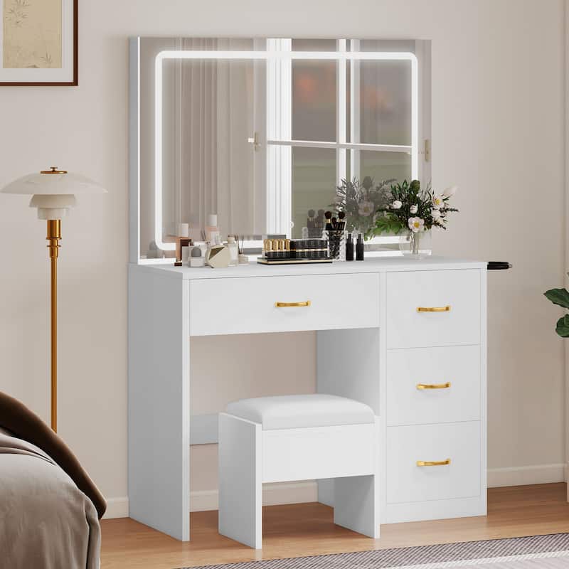Moasis 54"Black Makeup Vanity Table Cushioned Stool Vanity Desk Set