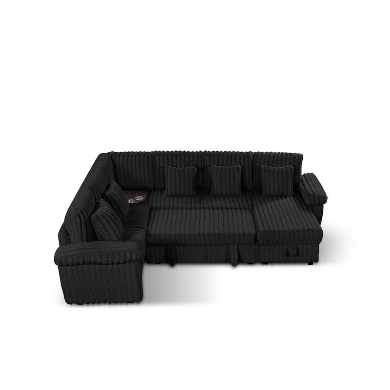 U-Shaped Corduroy Sectional Sofa with Storage Chaise & Pull-Out Bed, Upholstered Corner Sofa with Cup Holder & USB Port