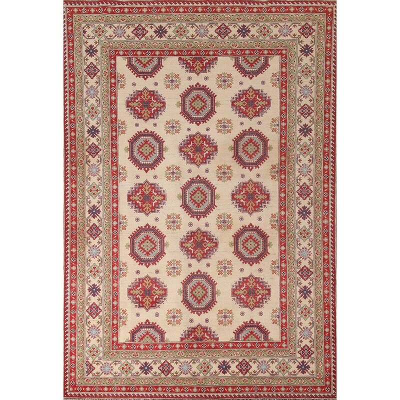 Beige Kazak Area Rug Hand-Knotted Geometric Wool Carpet - 6'6" x 9'2"