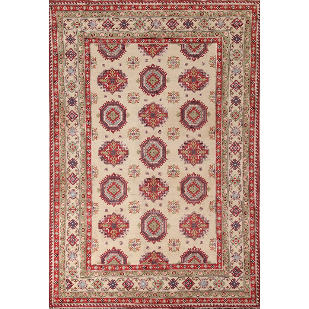 Beige Kazak Area Rug Hand-Knotted Geometric Wool Carpet - 6'6" x 9'2"