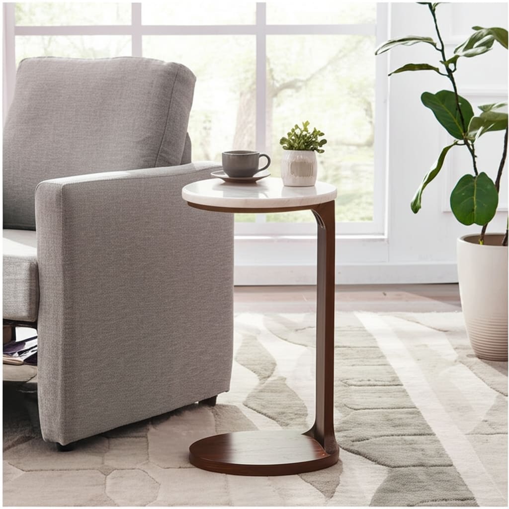 Marble Stone Accent Table Morden Design Top Walnut Base - 26" Ivory - 17" x 13" x 26"