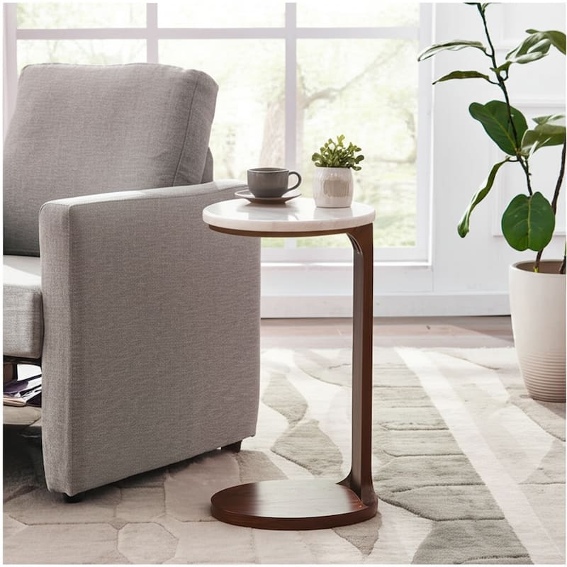 Marble Top Wood Modern C-Shaped End Table - Ivory, 26 in. - 17" x 13" x 26"