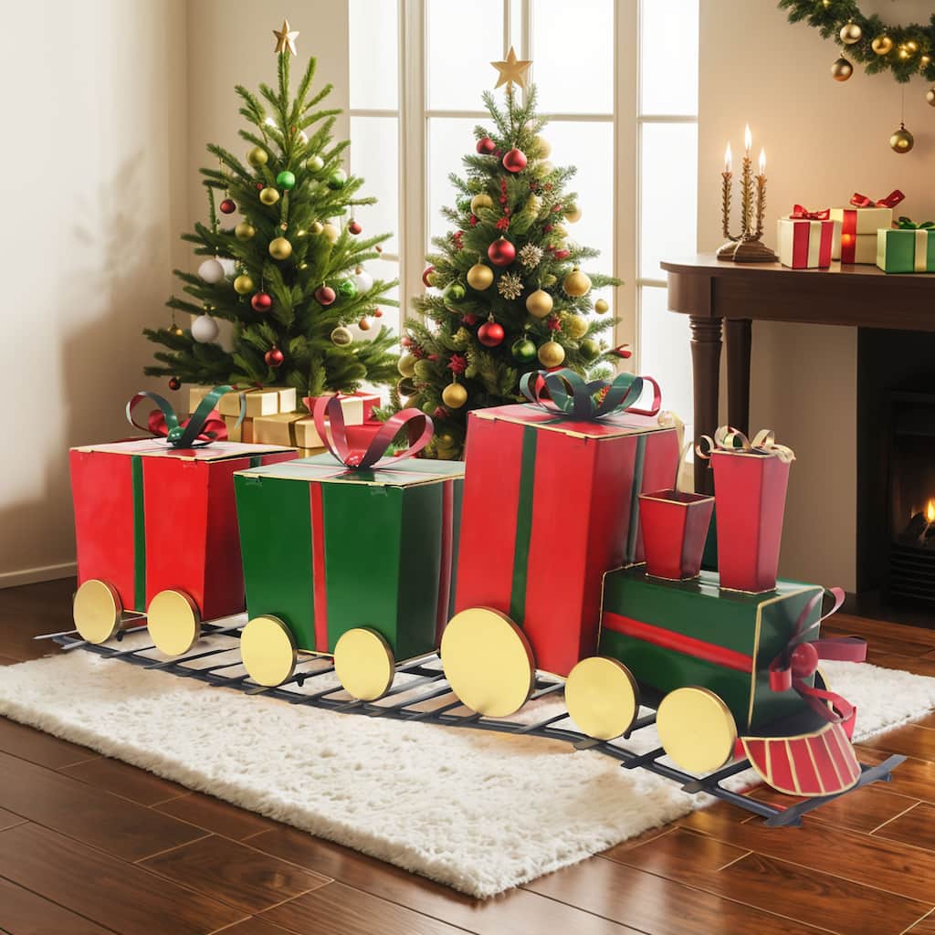 Hortense Iron Christmas Train Decor with Gift-Shaped Carriages by Christopher Knight Home - 47.00"W x 11.10"D x 17.25"H