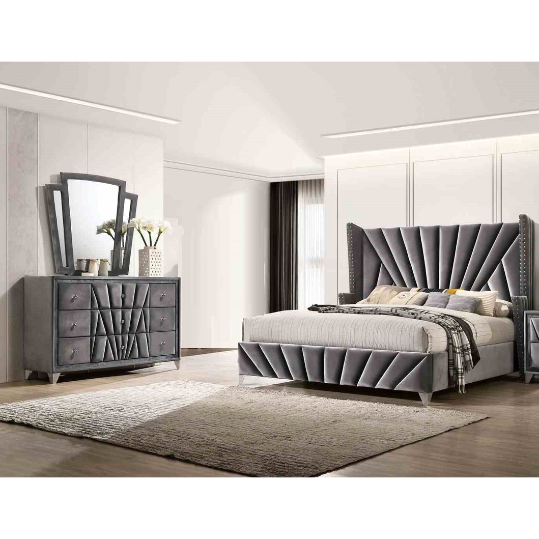 3pc Fully Upholstery Furniture Wingback Gray Bedroom Set