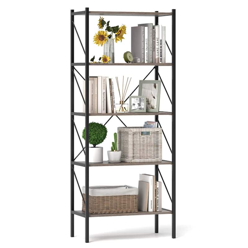 1/2 PCS 5-Tier Bookshelf 63" Tall Bookcase with Open Shelves - Oak & Black - 1 pcs