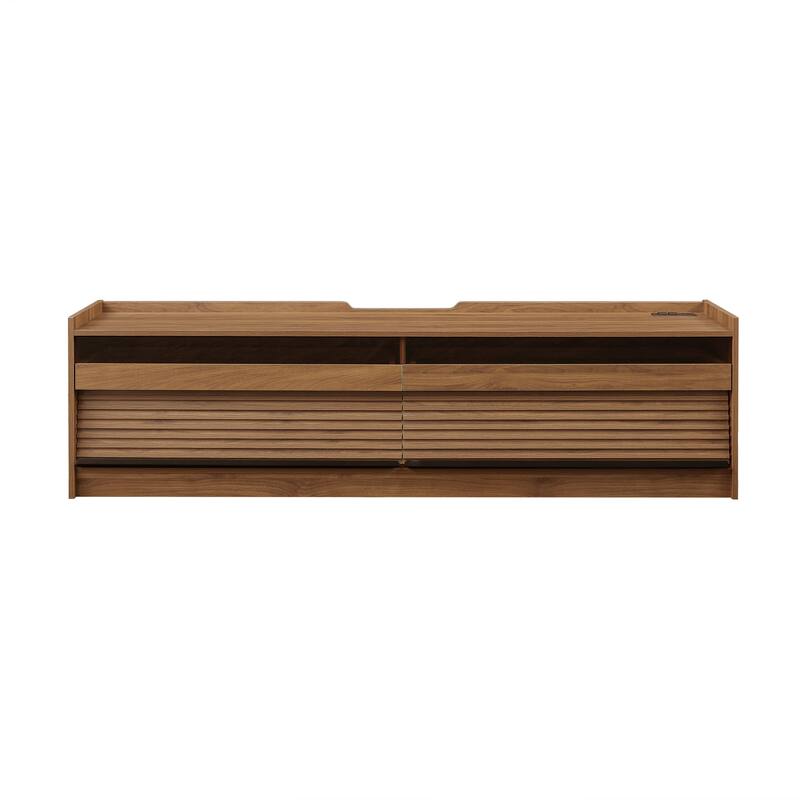 68.9" Modern TV Stand with 4 Glass-Front Drawers - Built-in Charging Station, Ambient LED Lighting