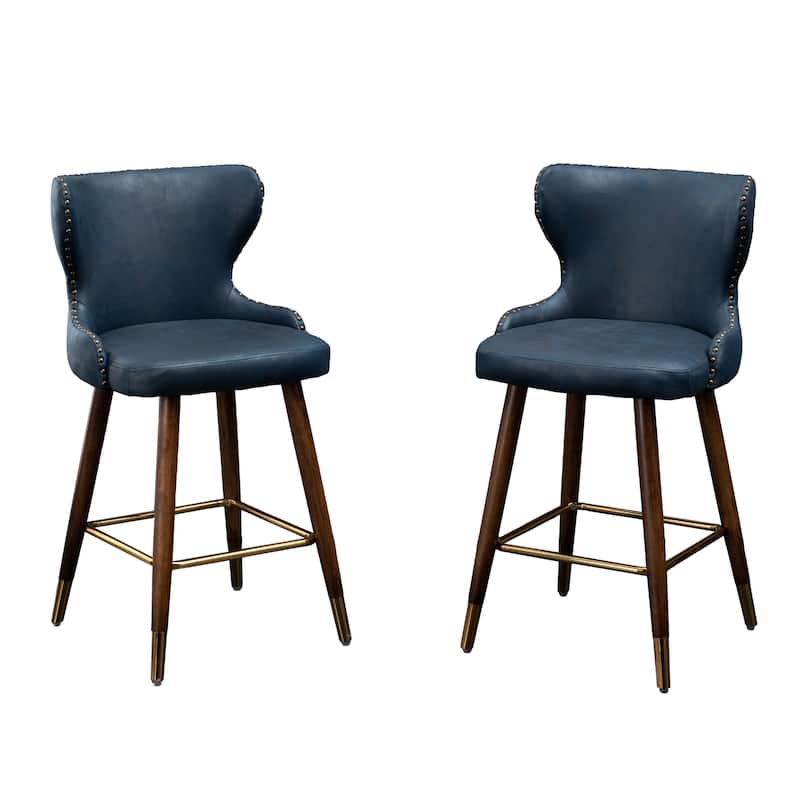 Modern Faux Leather Bar Stool Set of 2, Tufted Nailhead Trim Counter Stool with Footrest for Kitchen Island, Dining Room