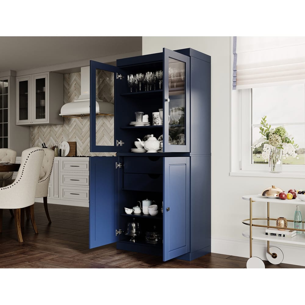 Palace Imports Solid Wood Pantry Cabinet, Raised Panel & Clear Glass Doors, 2 Drawers, Adjustable Shelves