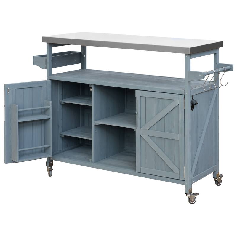 Outdoor Kitchen Island, Rolling Bar Cart & Grill Table, Outdoor Solid Wood Storage Cabinet with Stainless Steel Top for BBQ