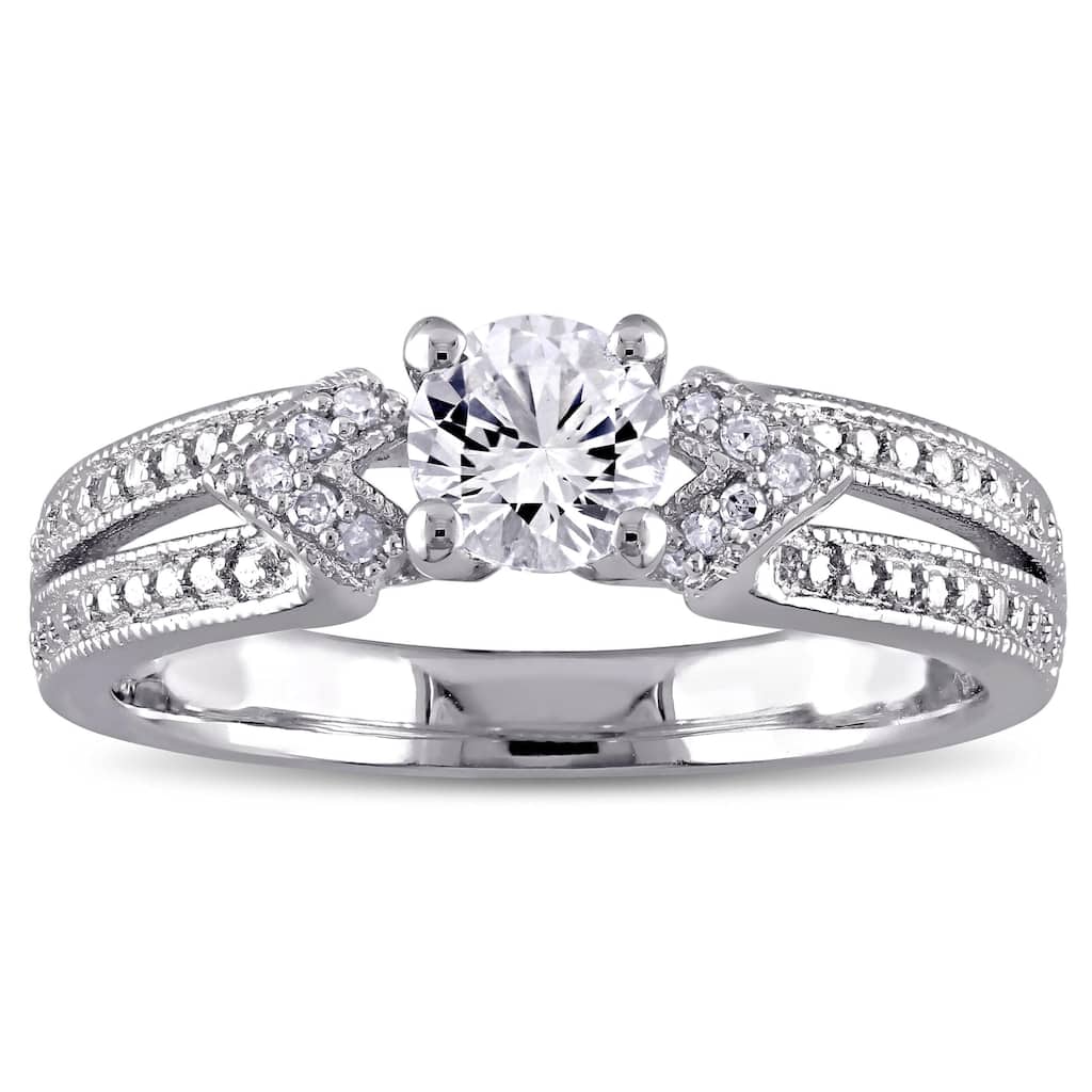 Miadora Sterling Silver Created White Sapphire and Diamond Accent Split Shank Engagement Ring
