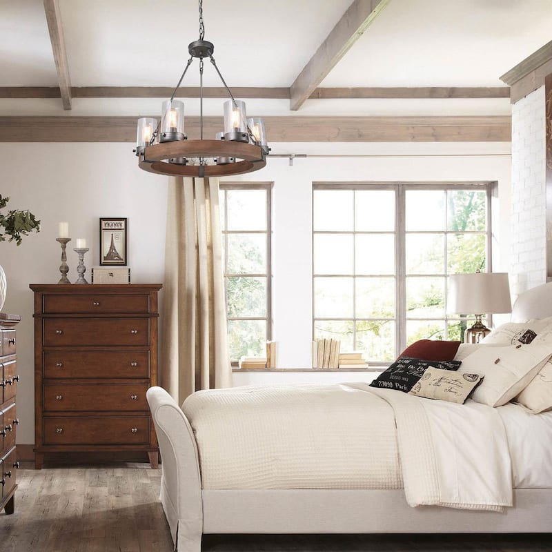 Carbon Loft Farmhouse 6-Light Wagon Wheel Wood Chandelier for Dining Room