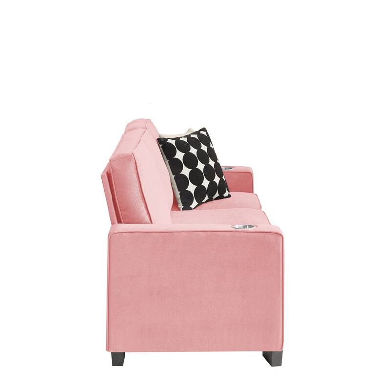 Snowfleece Fabric Cloud Sofa, Upholstered 3 Seater Sofa with Square Armrests, Compressed Couch with 2 Cup Holders