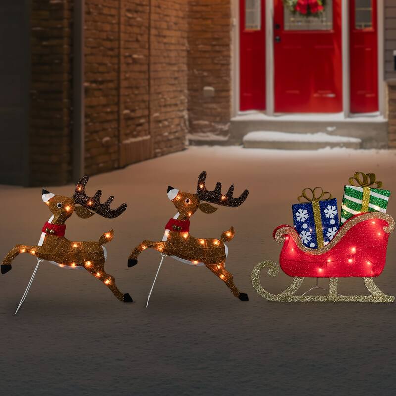 Set of 3 Lighted Reindeer Sleigh Outdoor Christmas Decoration 25.25" - Brown