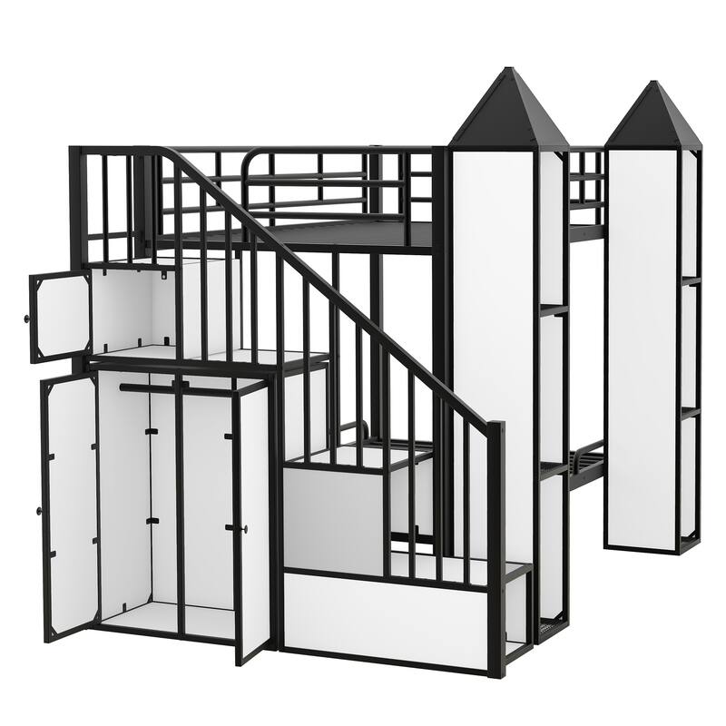 Twin Over Twin Size Bunk Bed w/Storage Shelves,Wardrobe,Metal Bedframe