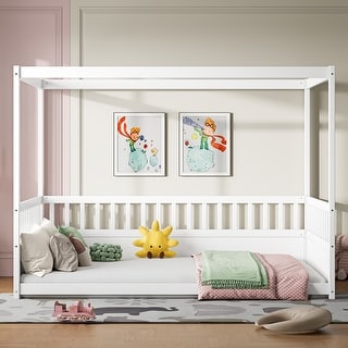 Full Size Canopy Bed Frame with Guardrails,Floor Bed Full with Four Poster Design,Kids Floor Bed,Wood Canopy Bed Frame