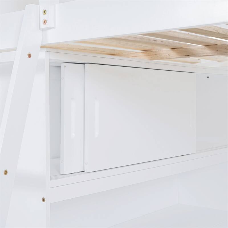 Full Size Wood Loft Bed with Desk and Shelf,Guardrail
