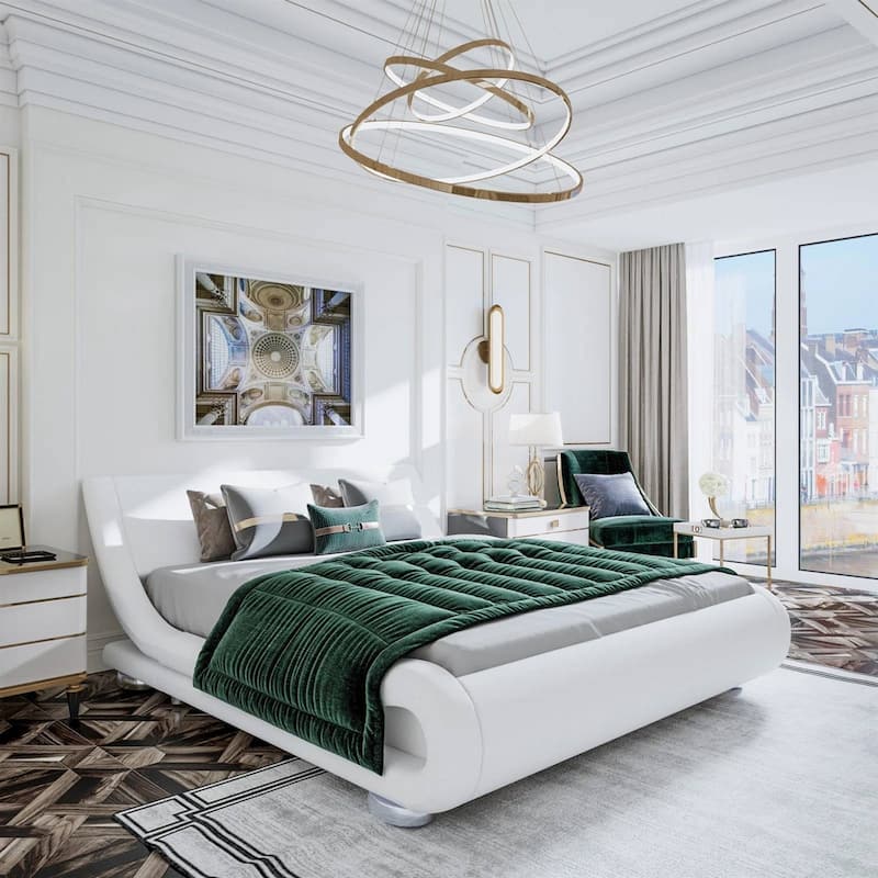Upholstered White Platform Bed Frame with Curved Headboard and PU Leather