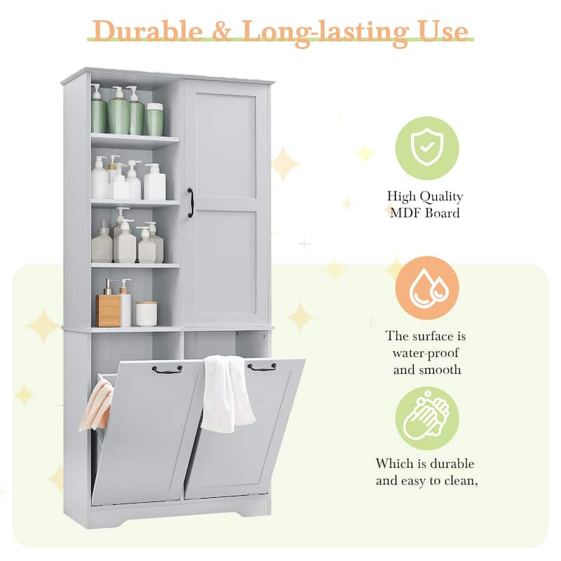 Bathroom Storage Cabinet with Doors and Drawers, Tilt-Out Laundry Hamper, Multiple Storage Space, Freestanding Style