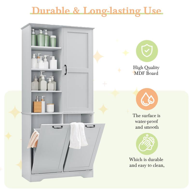 Roomfitters 68" Tall Bathroom Storage Cabinet with Dual Tilt-Out Laundry Hampers, Open Shelves & Adjustable Storage