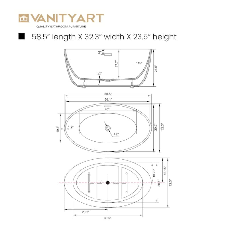 Vanity Art 58.5" X 32.3" White Acrylic Freestanding Bathtub