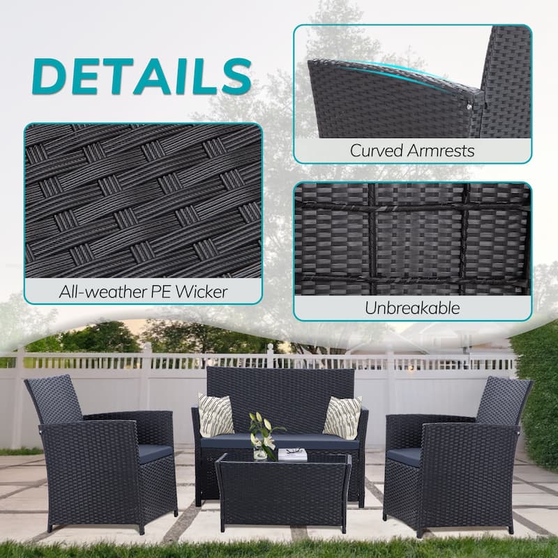 4-Piece PE Rattan Patio Furniture Set, Weather-Resistant Outdoor Conversation Set