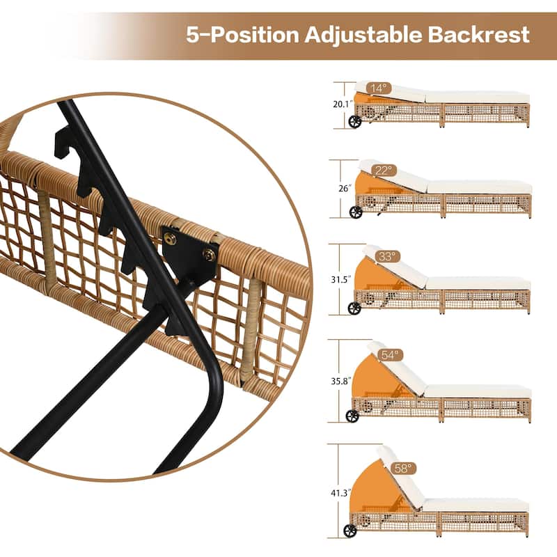 Outdoor Patio Rattan Daybed Sunbed with 5-Position Adjustable Backrest and Wheels