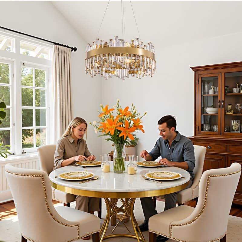 24 in. 2-Tier Modern Crystal Chandelier Brass Gold Round Crystal Raindrop Chandelier Contemporary Pendant Light for Dining Room