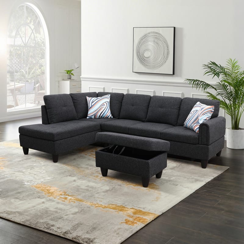 Durable 3PC Sectional Sofa with Double Spring Support, Breathable Fabric, Storage Ottoman