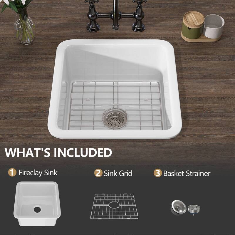 18" L X 18" W Fireclay Single Bowl Drop-In Kitchen Sink Undermount Farmhouse Sink With Accessory