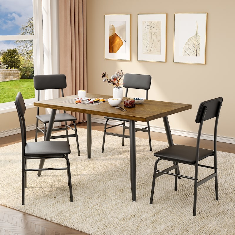 5-Piece Mid-Century Rectangular Dining Table, Industrial Kitchen Table Set with 4 Faux Leather Chairs - Retro