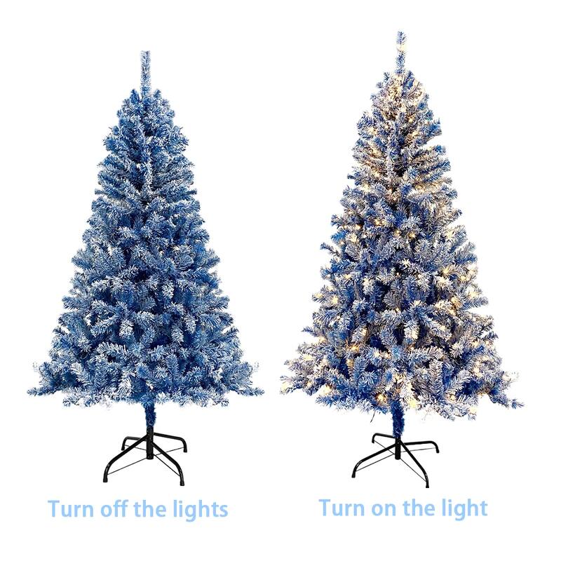 6Ft Blue Christmas Tree with 300 Lights, Snow Flocked Holiday Tree