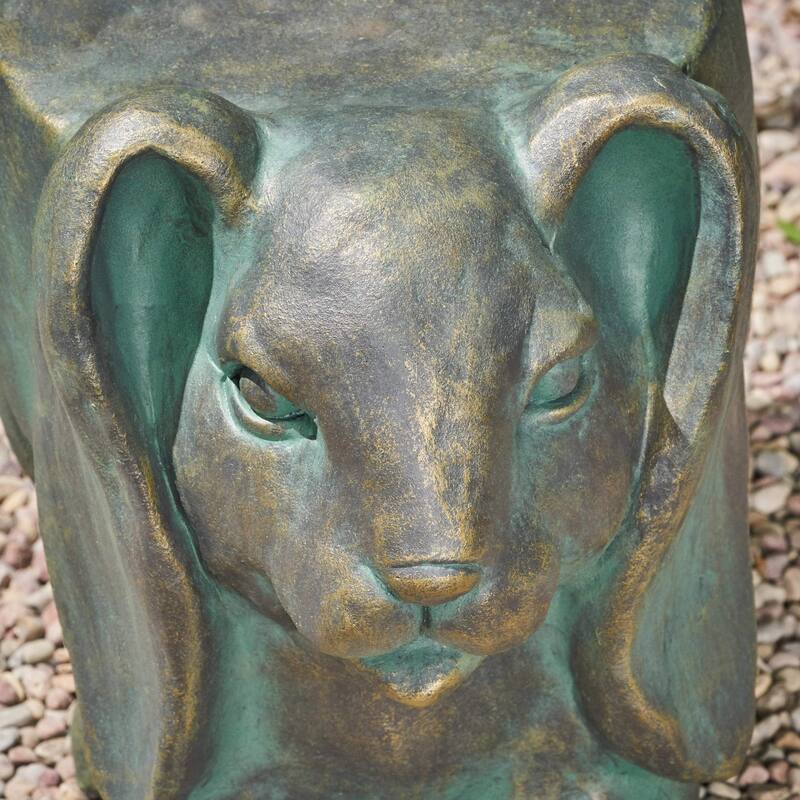 Roomfitters 13-Inch Rabbit Garden Stool, Lightweight Concrete Outdoor Accent Table with Distressed Gold Patina, Antique Green