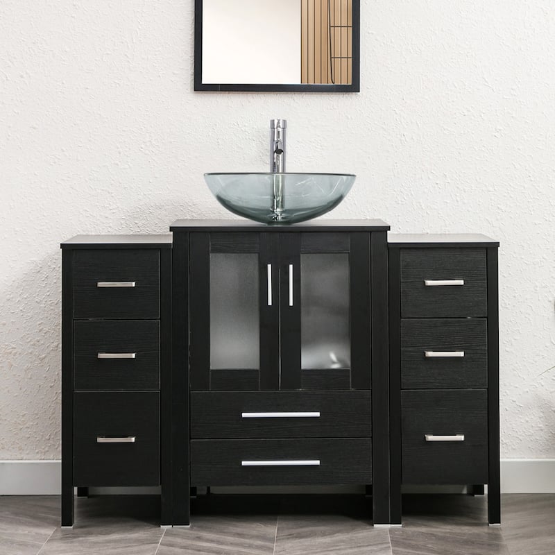 48" Bathroom Vanity Set Vessel Sink Faucet W/ Small Cabinet Combo - clear round sink - Black