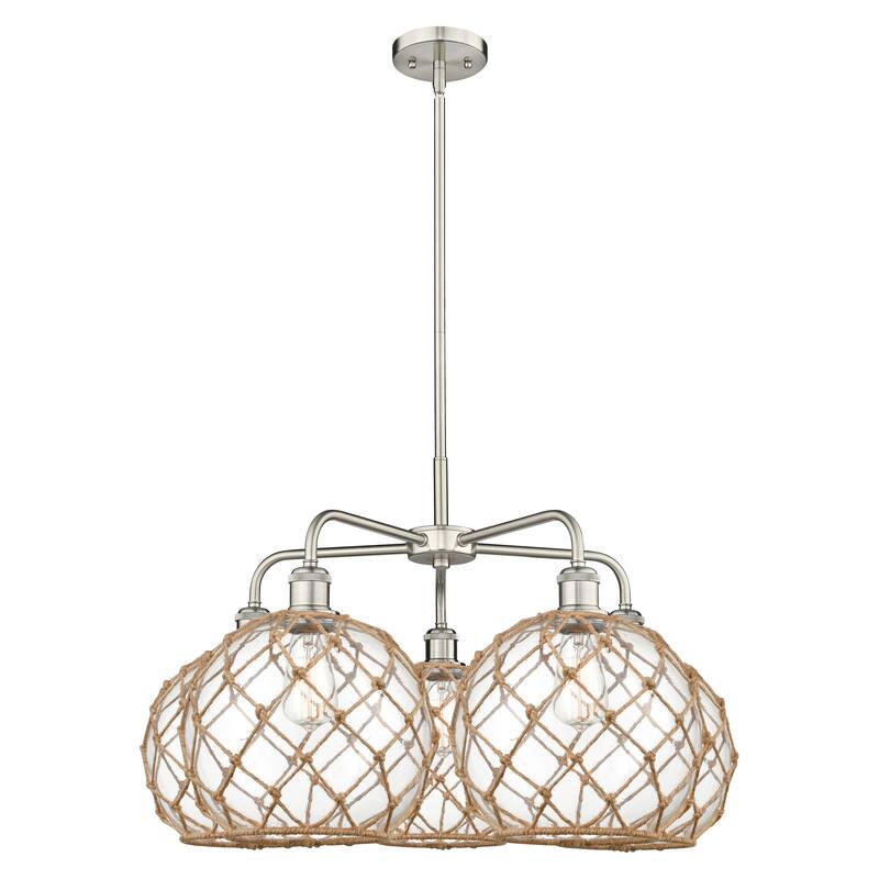 Innovations Lighting Endless Possibilities Ballston - Farmhouse Rope - 5 Light 29" Stem Hung Chandelier - Clear Glass with Brown Rope/Satin Nickel