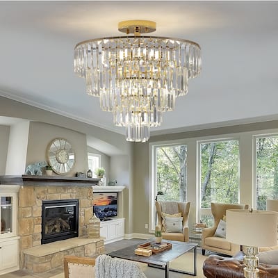 5-Tier Round Semi Flush Mount Crystal Chandeliers for Living Room