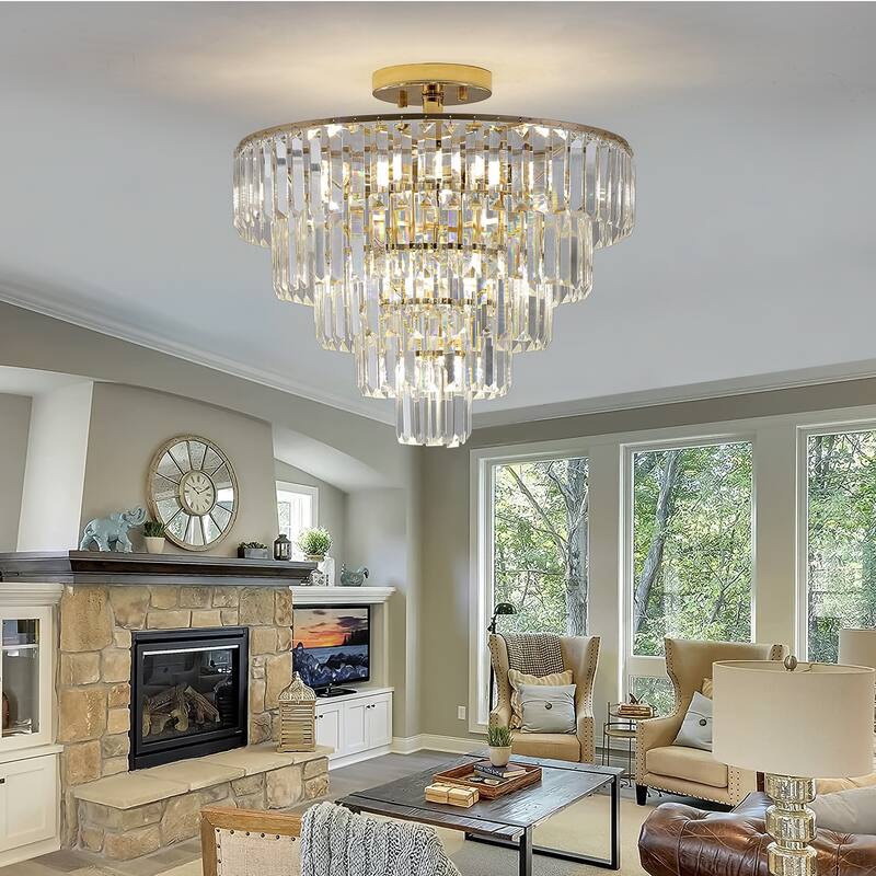 Crystal Chandeliers,5-Tier Round Semi Flush Mount Chandelier Light Fixture, Large Contemporary Luxury Ceiling Lighting - Gold