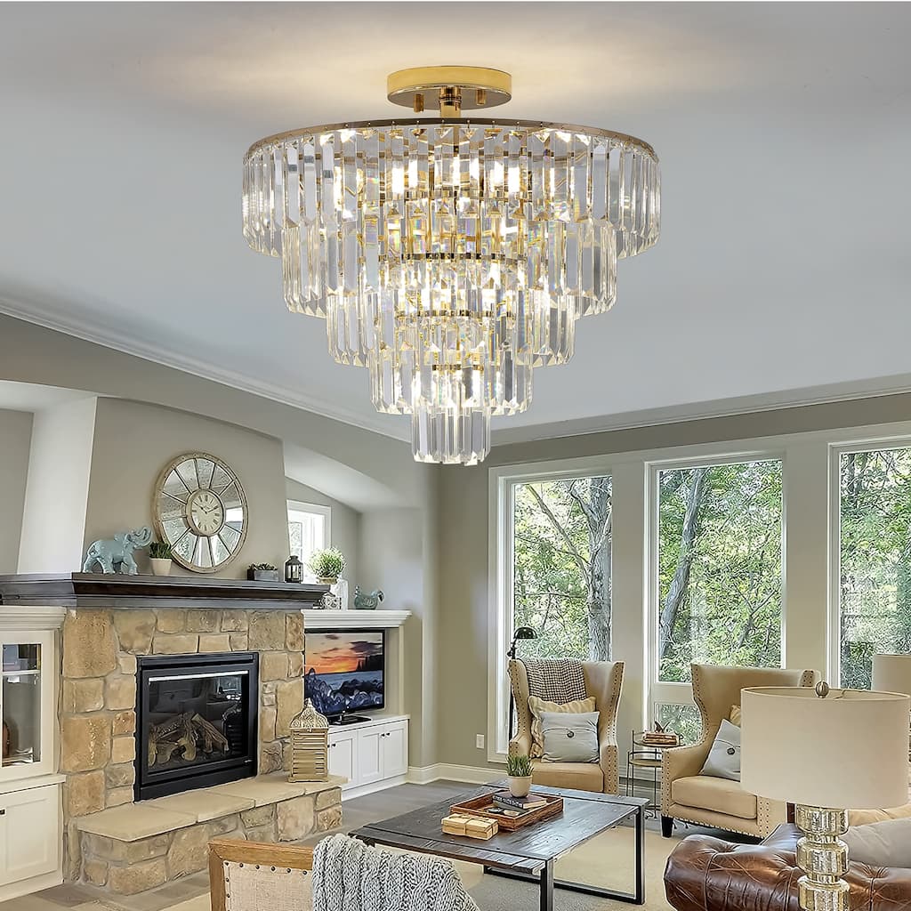 Gold Crystal Chandeliers,5-Tier Round Semi Flush Mount Chandelier Light Fixture, Luxury Ceiling Lighting for Living Room Dining