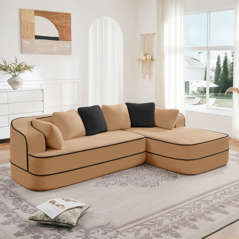 Rossetta 106" Right-Facing Modular L-Shaped Chaise Contrast Color Sectional Teddy Fabric Boneless Sofa - Camel