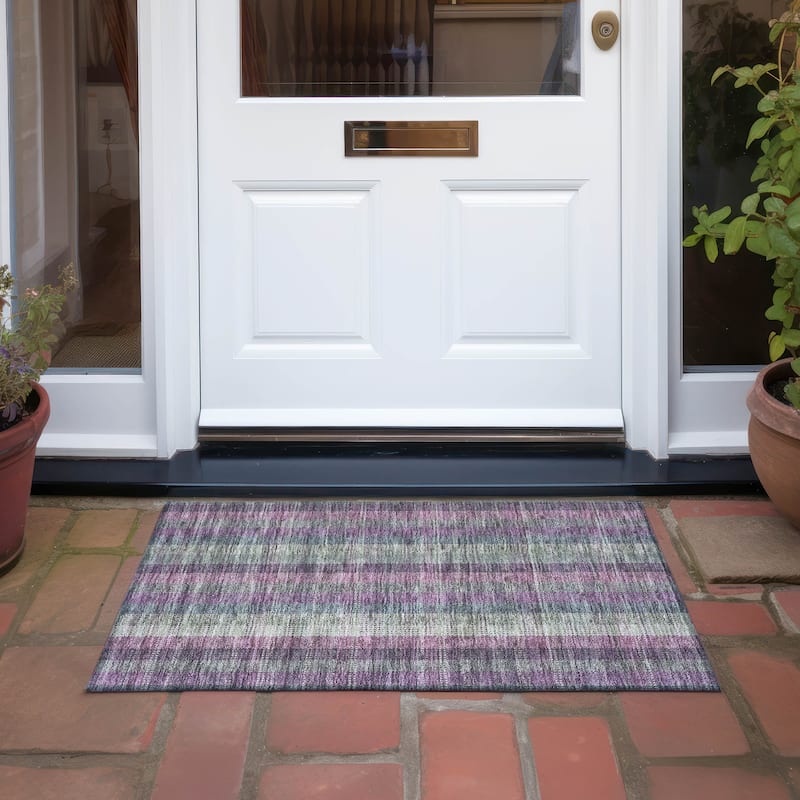 Machine Washable Indoor/ Outdoor Modern Plaid Chantille Rug - Plum - 1'8" x 2'6"