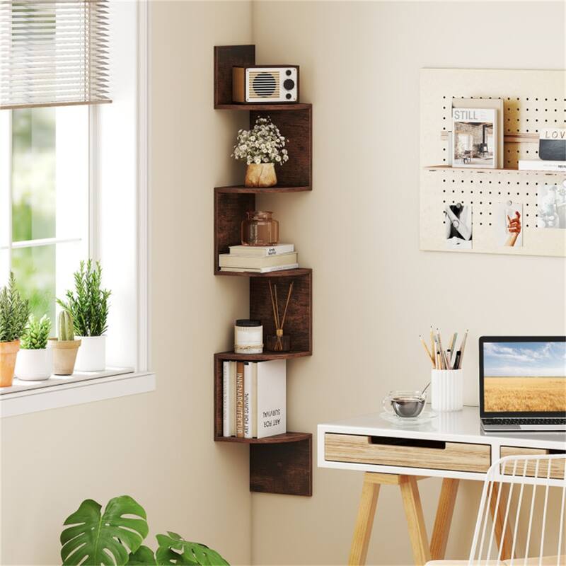 5-Tier Floating Corner Shelf Wall Mounted Organizer for Living Room Bedroom or Kitchen - 8" x 8" x 50"