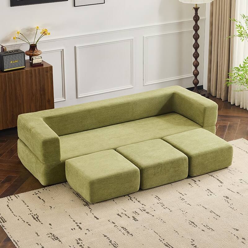 Convertible Sectional Sofa With 3 Storage Ottomans - High-Resilience Foam Sleeper, Space-Saving Chenille Floor Sofa