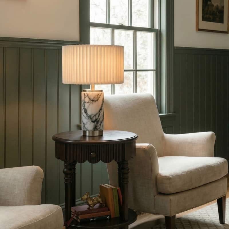 Brightech Arden 17 in. Marble Mid-Century Modern LED Table Lamp with Fabric Drum Shade and Built-In Charging Port
