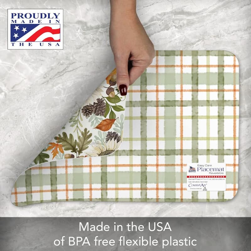 Farmhouse Fall 4 Pack Reversible Easy Care Flexible Plastic Placemats Made in The USA BPA Free PVC Free Easily Wipes Clean