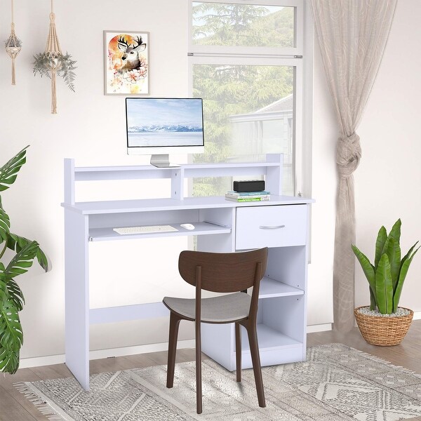 small computer desk with keyboard tray and drawers