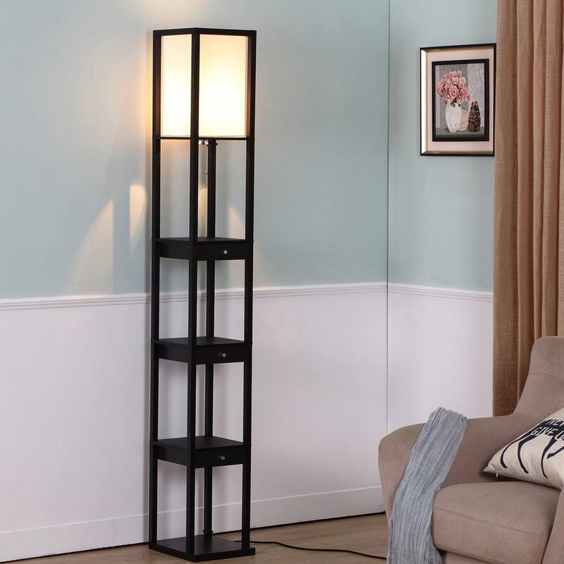 Brightech Maxwell 72 in. Traditional LED Super Bright 3-Drawer Floor Lamp with Beige Fabric Square Shade
