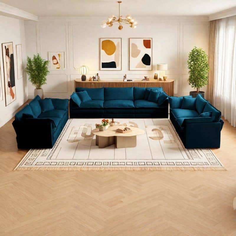 7-Seat Chenille Sectional Sofa Set (3-Seater + Two 2-Seaters) with Deep Seats & Solid Wood Frame