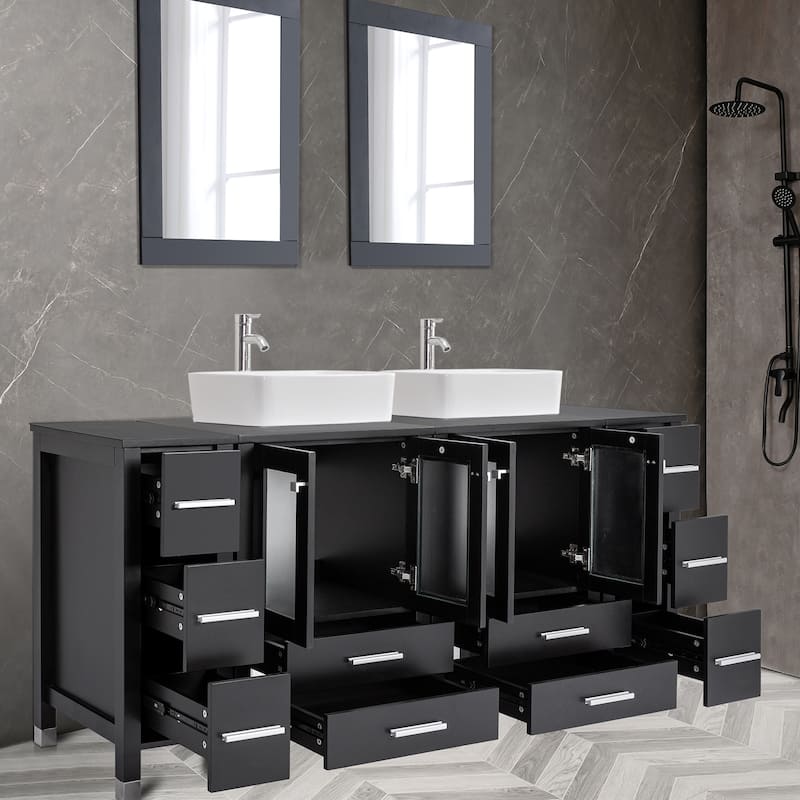 72" Bathroom Vanity Set with Vessel Sink Side Cabinet Combo - white ceramic rectangular sink - Black