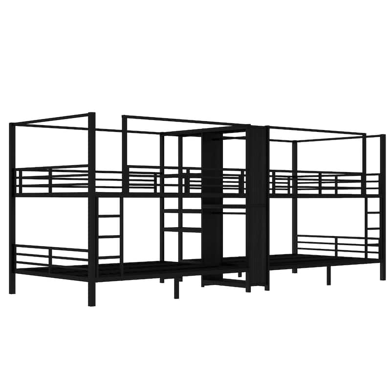 Queen Size Quadruple Metal Bunk Bed with Built-in Storage Shelves & Wardrobe, Sturdy Frame, Black