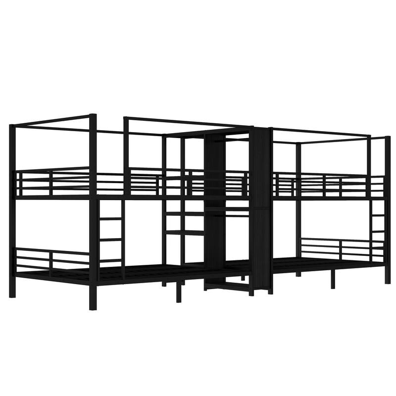 Roomfitters Twin/Full/Queen Quadruple Metal Bunk Bed with Built-in Storage Shelves & Wardrobe, Sturdy Noise-Reduced Frame, Black