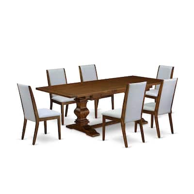 Modern 7-Piece Dining Set - Gray Linen Chairs & Antique Walnut Table - 92